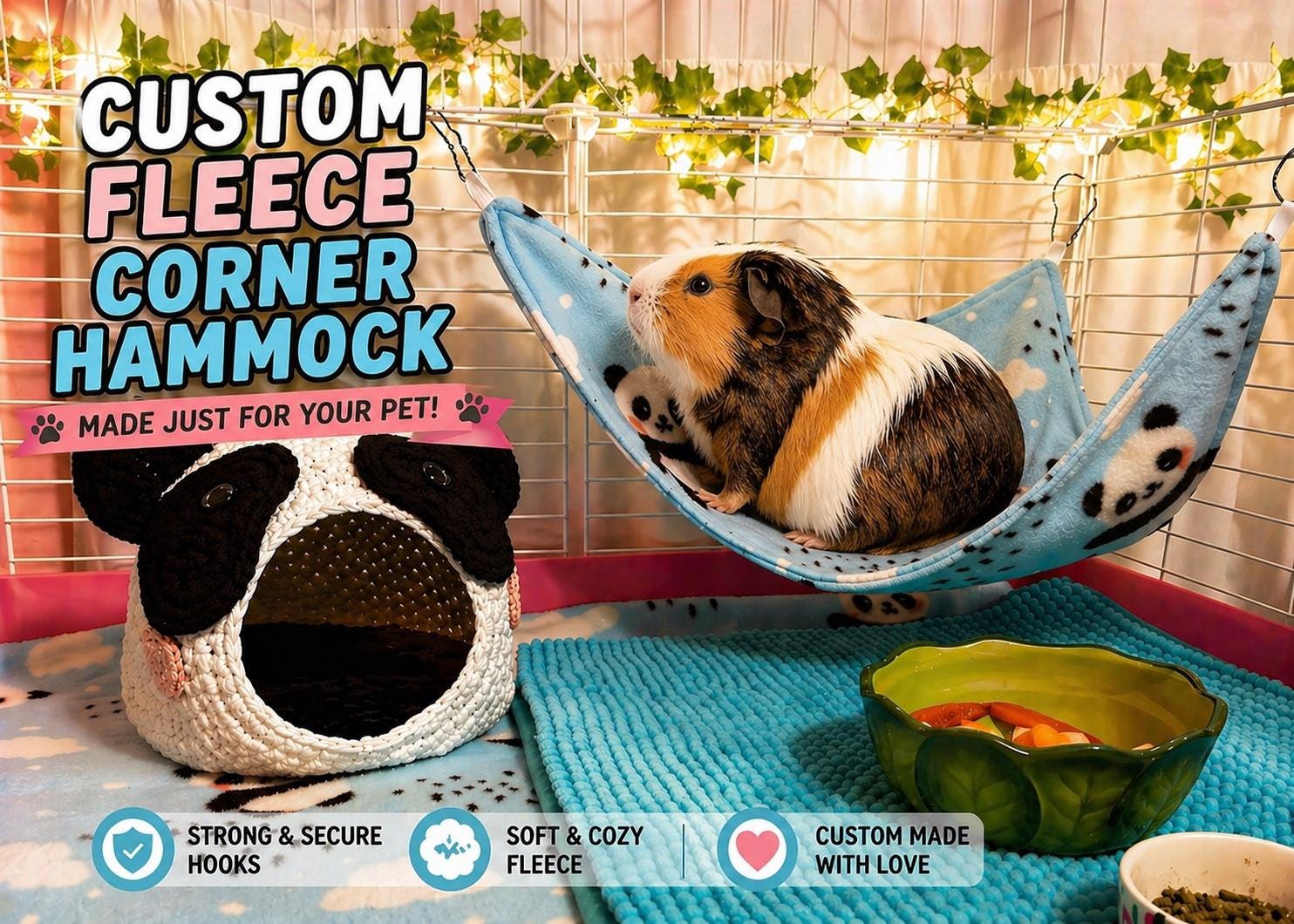 This custom fleece corner hammock is designed for comfort, warmth, and space-saving — the perfect lounging spot for guinea pigs, rats, ferrets, and other small pets.
Made with ultra-soft fleece and strong, secure hooks, it easily attaches to any cage corner to create a snug, elevated bed your pet will love. This space-saving hanging bed is perfect for guinea pigs, rats, ferrets, and other small animals who love to relax in warmth and comfort.