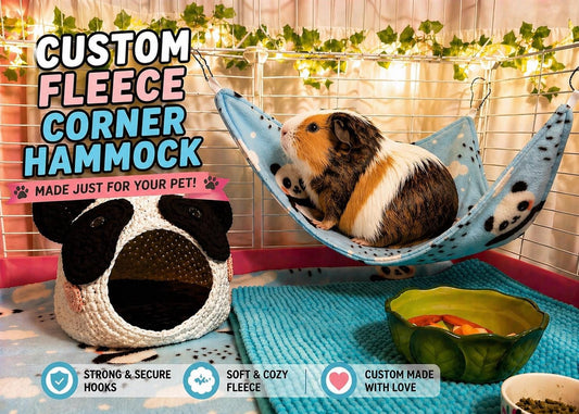 This custom fleece corner hammock is designed for comfort, warmth, and space-saving — the perfect lounging spot for guinea pigs, rats, ferrets, and other small pets.
Made with ultra-soft fleece and strong, secure hooks, it easily attaches to any cage corner to create a snug, elevated bed your pet will love. This space-saving hanging bed is perfect for guinea pigs, rats, ferrets, and other small animals who love to relax in warmth and comfort.