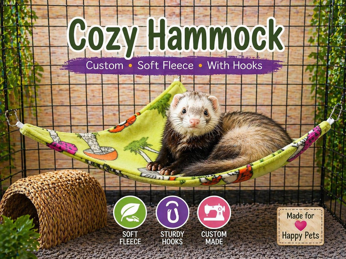 Made with ultra-soft fleece and strong, secure hooks, it easily attaches to any cage corner to create a snug, elevated bed your pet will love. This space-saving hanging bed is perfect for guinea pigs, rats, ferrets, and other small animals who love to relax in warmth and comfort.