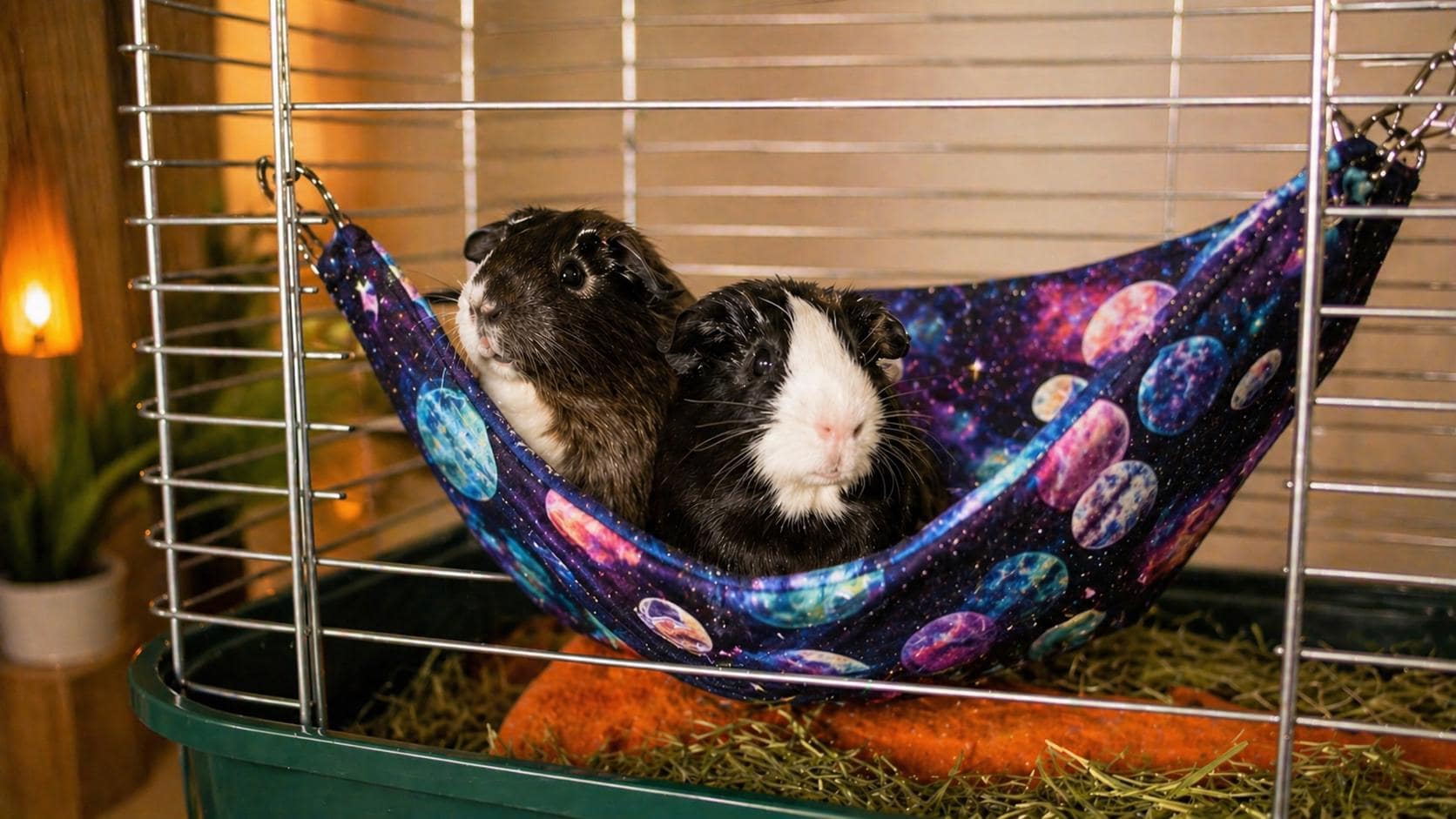 This custom fleece corner hammock is designed for comfort, warmth, and space-saving — the perfect lounging spot for guinea pigs, rats, ferrets, and other small pets. Made with ultra-soft fleece and strong, secure hooks, it easily attaches to any cage corner to create a snug, elevated bed your pet will love. This space-saving hanging bed is perfect for guinea pigs, rats, ferrets, and other small animals who love to relax in warmth and comfort.