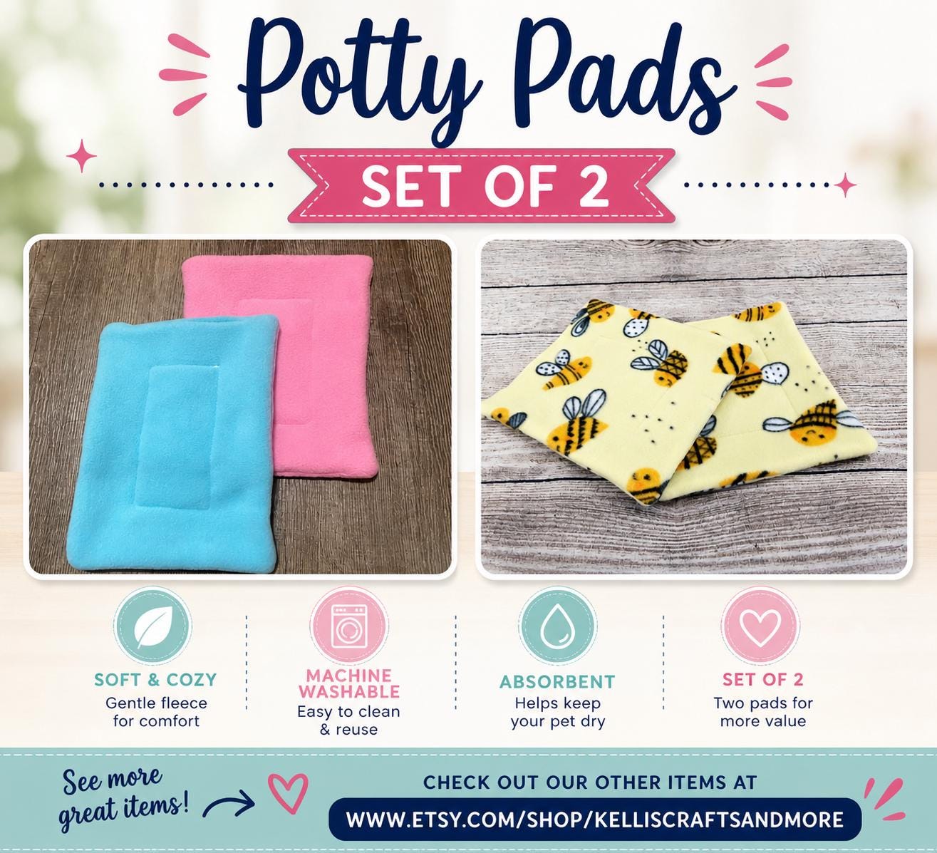 Custom Fleece Potty Pads Set of 2: Absorbent Guinea Pig, Hedgehog Cage Liner