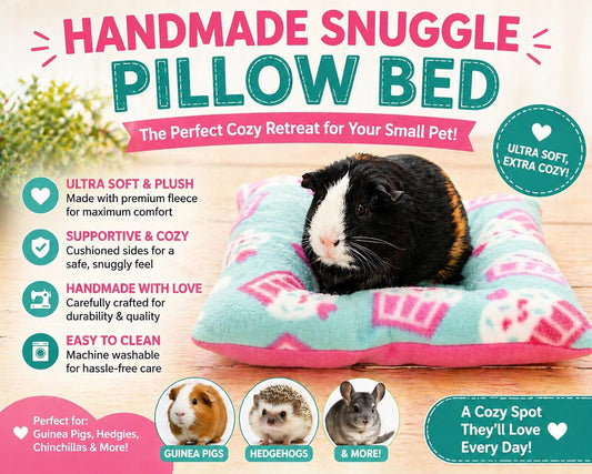 Give your small pet the ultimate cozy retreat with this handmade snuggle pillow bed! Perfectly sized for guinea pigs, hedgehogs, and other small critters, this soft and cushioned bed creates a safe, warm space they’ll love to curl up in. Designed with plush, supportive sides, your pet can hop in, nestle down, and relax in total comfort. Whether it’s nap time or just a quiet moment, this bed offers the perfect balance of softness and support.